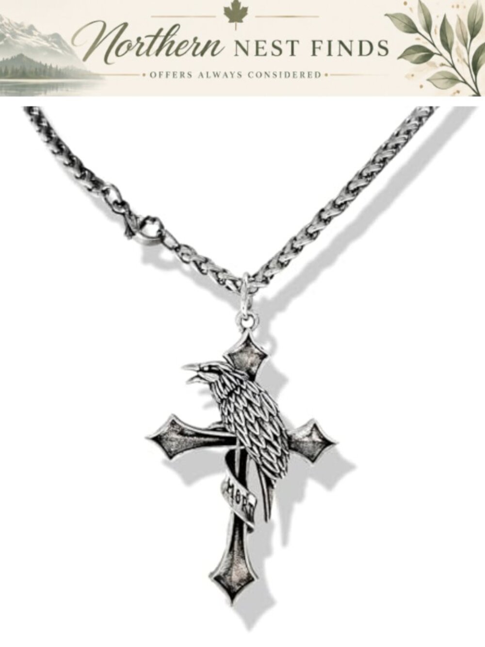 Gothic Raven Cross Necklace 24" Silver-Tone Unisex Victorian Pendant